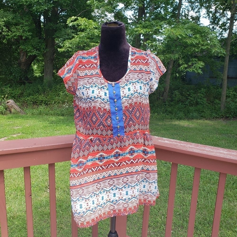Bailey Blue Ladies Aztec Boho Peasant Pullover Top, sz Large